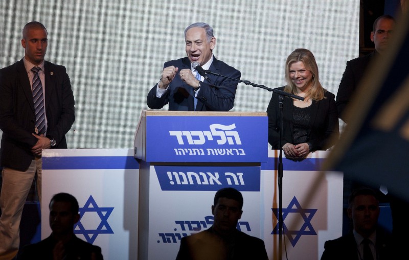 Israeli Prime Minister Benjamin Netanyahu greets supporters at the party’s election headquarters in Tel Aviv. CREDIT: AP