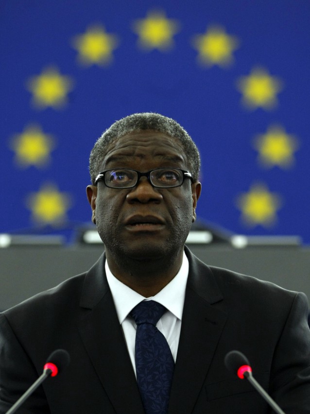 Doctor Denis Mukwege, from the Democratic Republic of Congo, a gynecologist who specializes in treating victims of rape and extreme sexual violence, delivers a speech Wednesday Nov 26, 2014 at the European Parliament in Strasbourg eastern France, after he was awarded with the Sakharov Prize 2014. The prize honors individuals and groups of people who have dedicated their lives to the defense of human rights and freedom of thought. CREDIT: AP