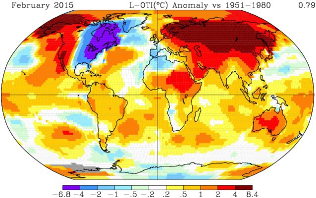 Global temperatures in February vs. 1951–1980 average. Via NASA.