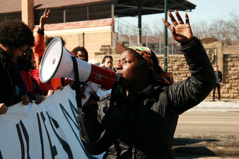 Activists take the streets in Madison to protest the killing of Tony Robinson. CREDIT: SARAH MITTERMAIER
