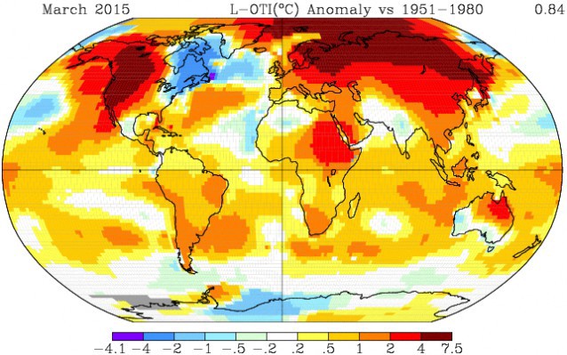 Global temperatures in March vs. 1951–1980 average. Via NASA.