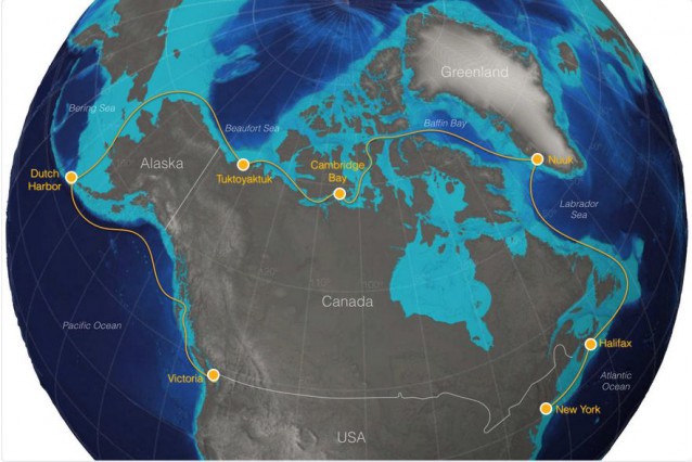 The proposed race route from New York to Victoria, British Columbia. CREDIT: http://sailingthearcticrace.org/