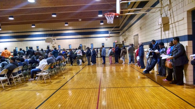 Lines inside Florissant night court (gymnasium) in March. Photo by Erica Hellerstein.