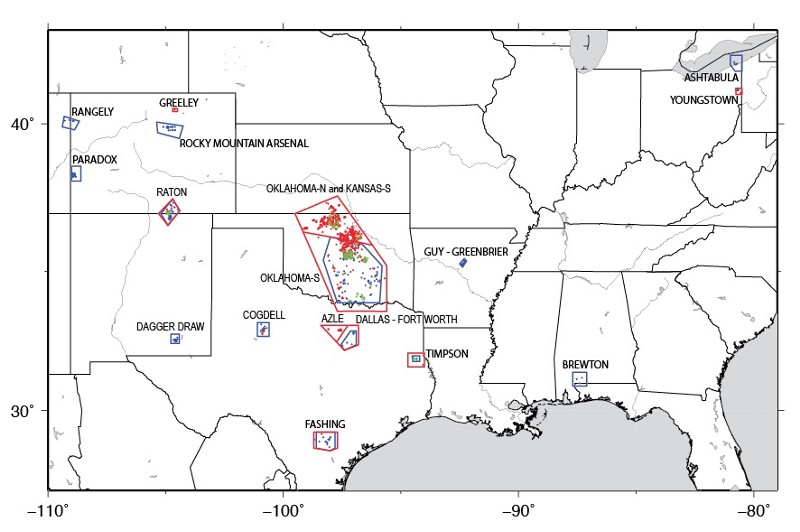 Research has identified 17 areas in the central and eastern United States with increased rates of induced seismicity. Since 2000, several of these areas have experienced high levels of seismicity, with substantial increases since 2009 that continue today. CREDIT: USGS.GOV