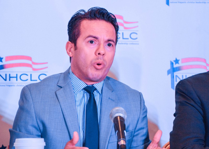 Samuel Rodriguez, Jr., head of the National Hispanic Christian Leadership Conference, speaks to reporters in Houston, Texas on Wednesday. CREDIT: JACK JENKINS/THINKPROGRESS