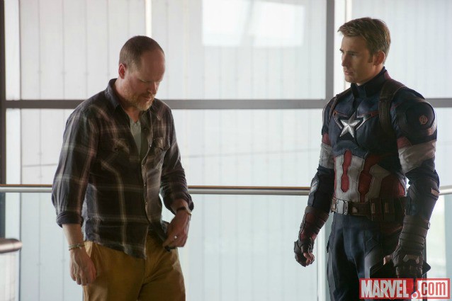 Joss Whedon and Chris Evans on the set of “Avengers: Age of Ultron.” CREDIT: Marvel