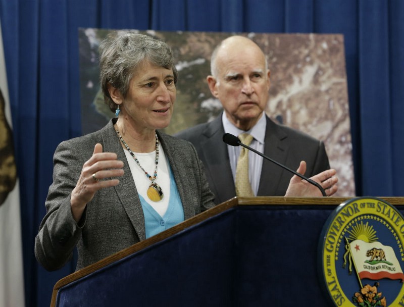 U.S. Secretary of the Interior Sally Jewell responds to a question concerning her announcement that the federal government is offering up to $50 million for drought relief in western states during a news conference with Gov. Jerry Brown at the Capitol in Sacramento, Calif., Friday, Feb. 6, 2015. CREDIT: AP PHOTO/RICH PEDRONCELLI