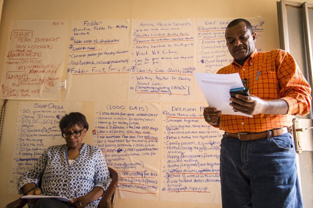 Karen Miller, the Senior Vice President for Creative Services at Warner Bros. and Abdulnasir Haji Hassen Abawaji, a former media and communications consultant with Mercy Corps, lead a brainstorming session as part of the Soap Operas for Social Change project. CREDIT: Sean Sheridan for Mercy Corps
