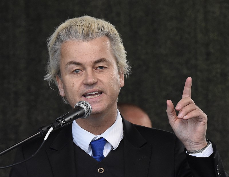 Geert Wilders, leader of the Dutch anti-Islam Freedom Party, speaks at a rally of so-called ‘Patriotic Europeans against the Islamization of the West’ (PEGIDA) in Dresden, Germany, Monday, April 13, 2015. CREDIT: AP