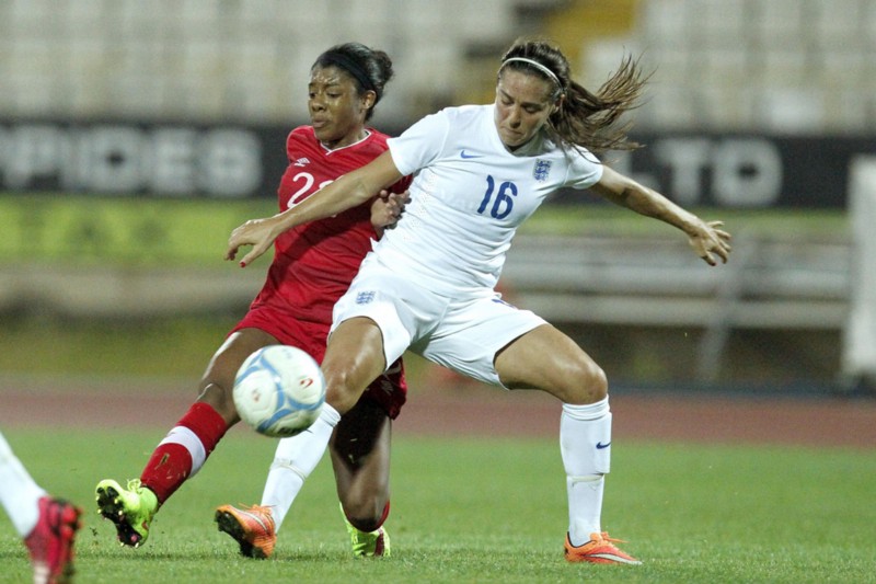 England’s Fara Williams battles Canada’s Ashley Lawrence during a cup match in Cyprus in March. CREDIT: (AP PHOTO/PETROS KARADJIAS)