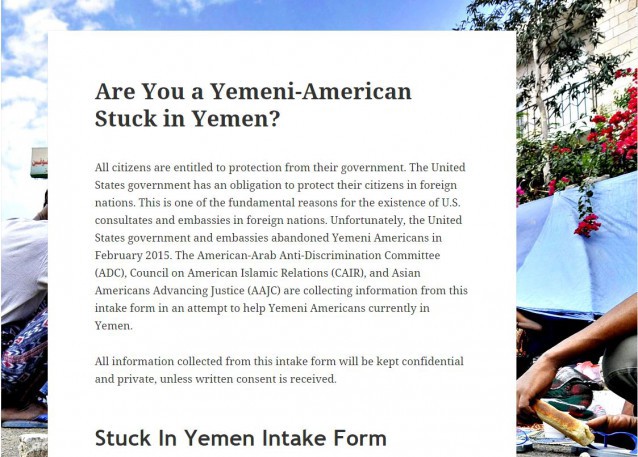 A screenshot from StuckinYemen.com, a website run by the American-Arab Anti-Discrimination Committee, Council on American Islamic Relations, and Asian Americans Advancing Justice. CREDIT: StuckinYemen.com