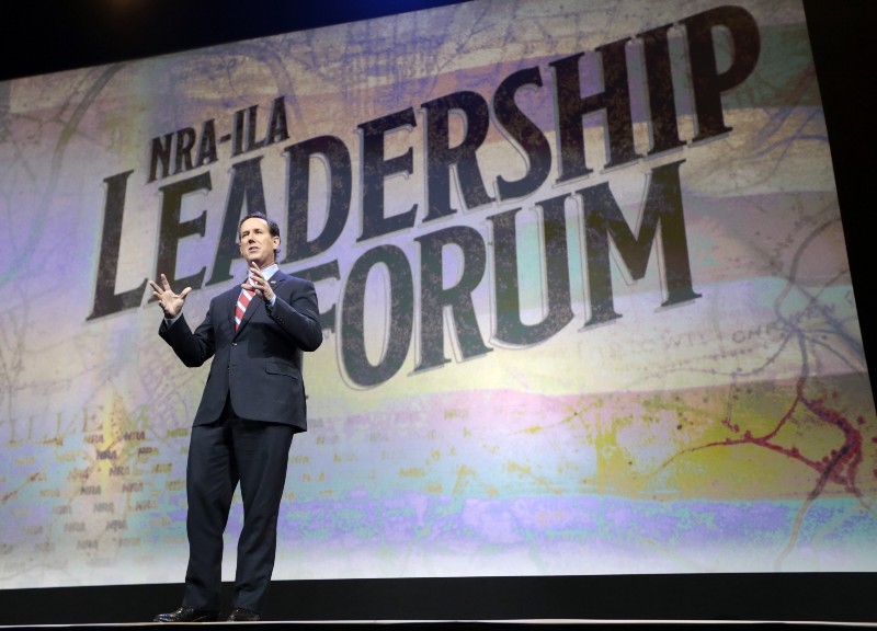 Former Pennsylvania Sen. Rick Santorum speaks at the National Rifle Association convention, Friday, April 10, 2015, in Nashville, Tenn. CREDIT: AP PHOTO/MARK HUMPHREY