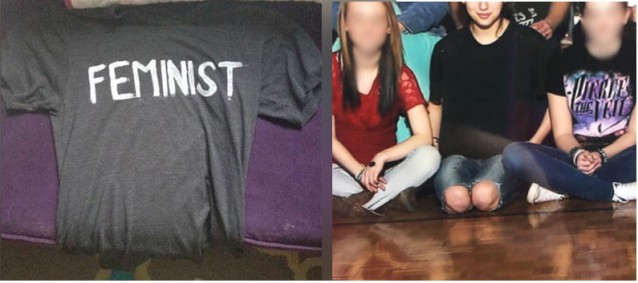An undoctored photo of Sophie’s T-shirt (left) and the picture of Sophie that was distributed to students (right). CREDIT: MS News Now