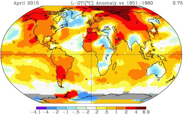 Global temperatures in April vs. 1951–1980 average. Via NASA.