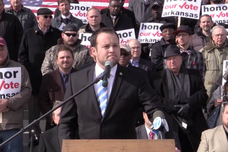 Josh Duggar speaking in 2014 on behalf of FRC Action against same-sex marriage in Arkansas. CREDIT: YOUTUBE/FRC ACTION