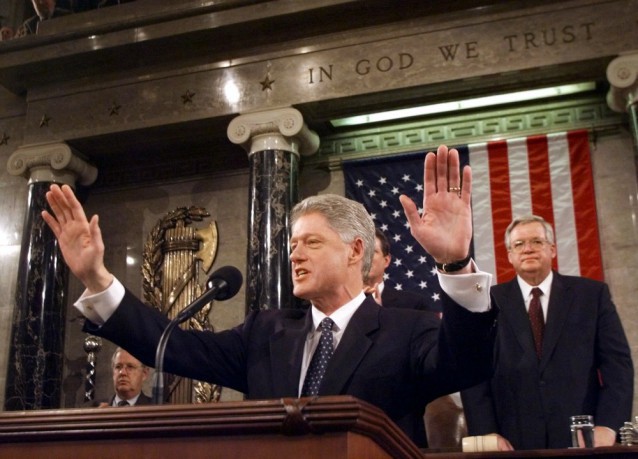 Dennis Hastert (behind Bill Clinton) in 1999 CREDIT: AP