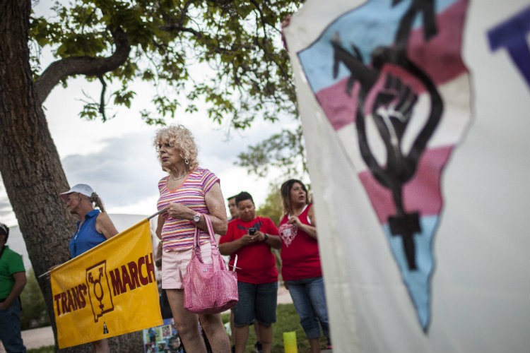Denee Mallon, an Army veteran who fought for transgender-related care under Medicare, marches with other advocates for transgender equality in May, 2014. CREDIT: AP PHOTO/CRAIG FRITZ