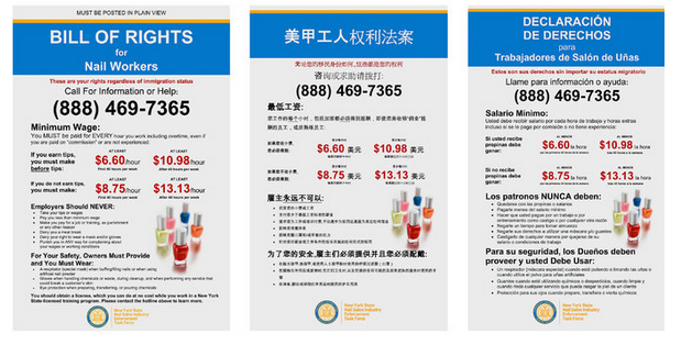 The manicurists’ bill of rights will be published in 10 different languages CREDIT: New York State Nail Salon Industry Enforcement Task Force