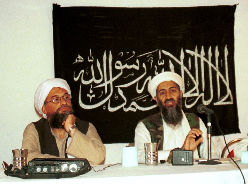 In this 1998 file photo made available Friday, March 19, 2004, Ayman al-Zawahri, left, holds a press conference with Osama bin Laden in Khost, Afghanistan. CREDIT: AP