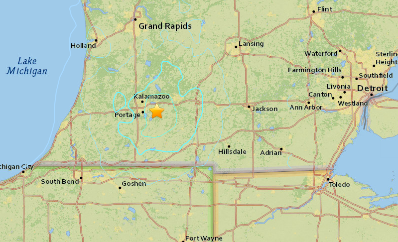The star marks the epicenter of Friday’s earthquake — the second-biggest in Michigan’s history — which was felt in at least four states. CREDIT: USGS.GOV