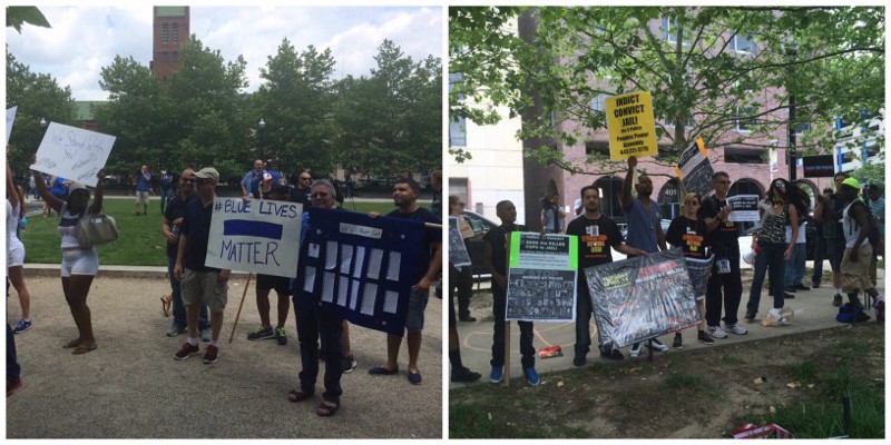 Two groups of protesters confront each other — Baltimore police officers and Black Lives Matter activists. CREDIT: Kira Lerner
