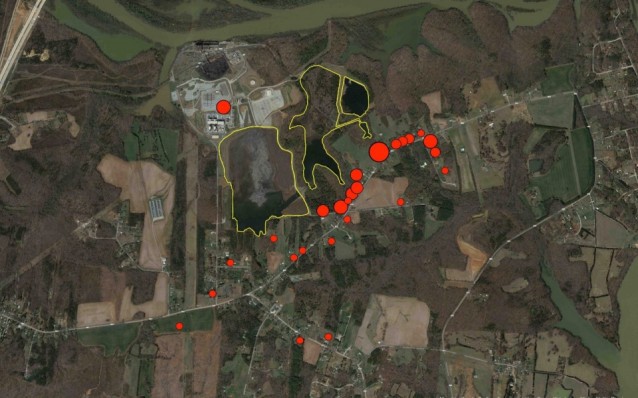 In this map of Dukeville provided by Ron and JoAnn Thomas, clusters of cancer cases known by the Thomas family are marked in red, surrounding Duke Energy’s coal ash ponds, marked in yellow. CREDIT: Image Courtesy of Ron and Joann Thomas