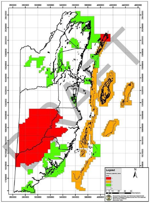 Red areas would be prohibited from oil exploration. The barrier reef appears mostly under the yellow, zone 2, designation. CREDIT: From the State of Conservation Report — Belize’s World Heritage Site, submitted to UNESCO in April 2015