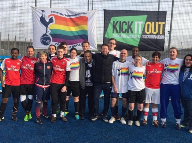 Members of the Gay Gooners and Proud Lilywhites together after a promotional match between the two groups. CREDIT: Courtesy of the Proud Lilywhites