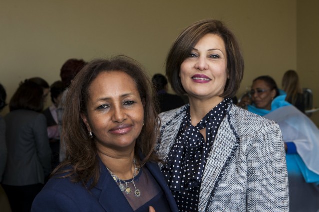 Hibaaq Osman poses with Salma Bugaighis at UN Commission on the Status of Women conference held in March 2014 in New York, NY. CREDIT: KARAMA