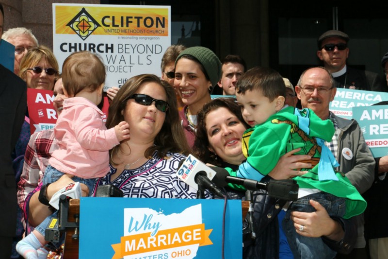 Ohio marriage plaintiffs Pam and Nicole Yorksmith, with their children Orion and Grayden. CREDIT: AP PHOTO/TOM UHLMAN