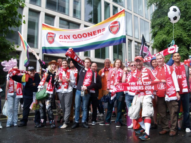 Members of the Gay Gooners march at the London pride festival. CREDIT: Courtesy of the Gay Gooners