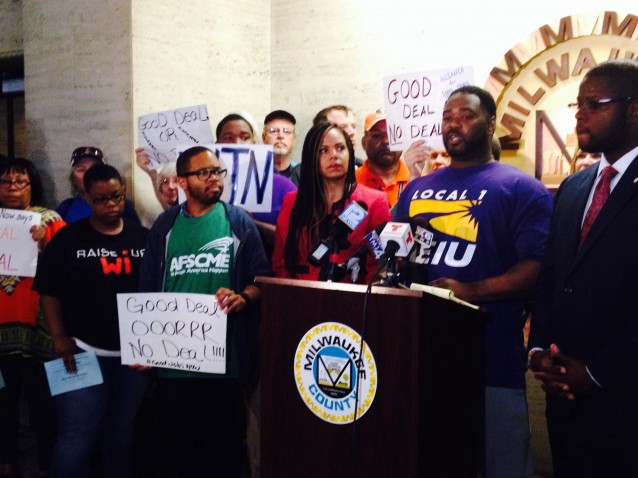 Milwaukee workers say they’ll oppose any Bucks stadium deal that doesn’t guarantee good wages and local hiring. CREDIT: Alice Ollstein