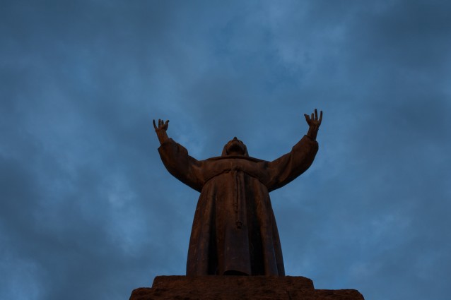 The Statue of St. Francis of Assisi is seen from below. CREDIT: Shutterstock