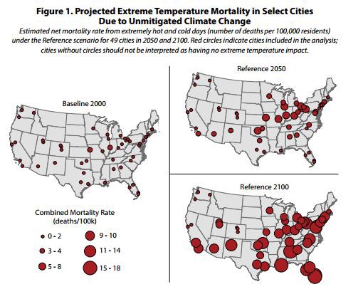 The EPA maps temperature-related deaths across the U.S. “Reference” in this case refers to a scenario where no action on climate change is taken. CREDIT: Environmental Protection Agency