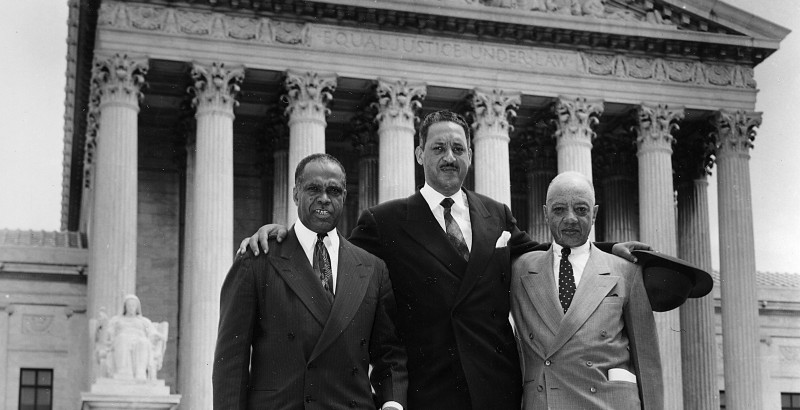 George E. C. Hayes, Thurgood Marshall, and James M. Nabrit congratulate each other on the Brown decision. CREDIT: AP