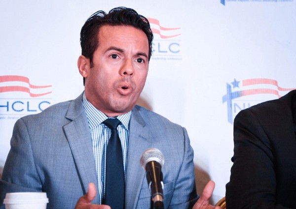 Rev. Samuel Rodriguez speaks during a press conference at the NHCLC in April CREDIT: Jack Jenkins/ThinkProgress