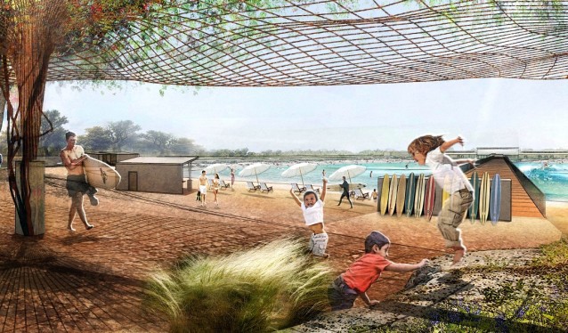 Architect’s rendering of NLand Surf Park, opening in Austin, Texas in 2016. CREDIT: Courtesy of NLand Surf Park