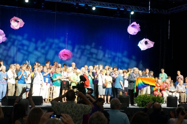 LGBT couples attending the UUA conference were invited onstage shortly after same-sex marriage was legalized by the Supreme Court. CREDIT: Nathan Ryan