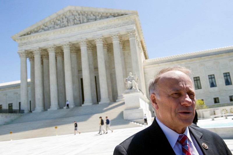 Rep. Steve King (R-IA) speaking with reporters in front of the Supreme Court after oral arguments in the marriage equality case back in April. CREDIT: AP PHOTO/CLIFF OWEN