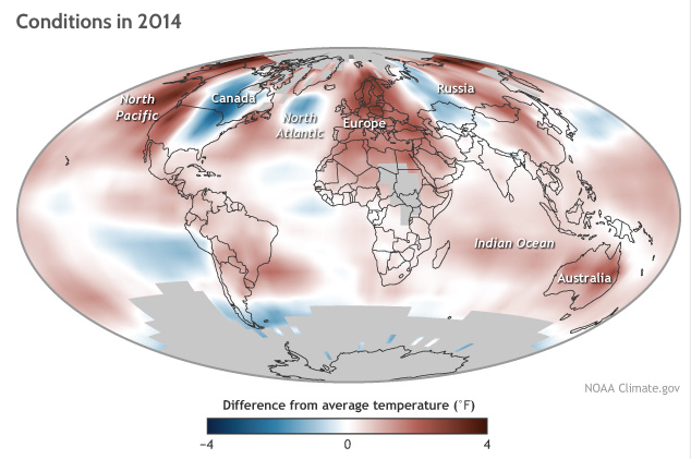 Average temperature in 2014 compared to the 1981–2010 average. Adapted from Plate 2.1c in State of the Climate in 2014. CREDIT: NOAA/BAMS