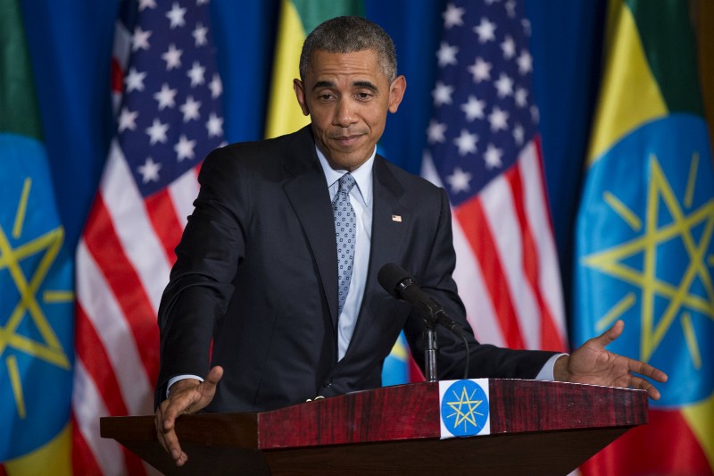 President Barack Obama gestures during a joint news conference with Ethiopian Prime Minister Hailemariam Desalegn, Monday, July 27, 2015, at the National Palace in Addis Ababa. CREDIT: AP PHOTO/EVAN VUCCI