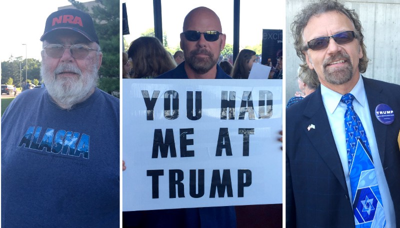 Trump supporters Bill Raine, Jim Nelle and David Brown (left to right) attended the Family Leadership Summit in Ames, Iowa this Saturday, July 18. CREDIT: KIRA LERNER/GRAPHIC BY DYLAN PETROHILOS