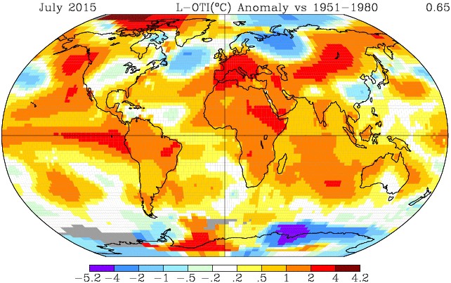 Global temperatures in July vs. 1951–1980 average. Via NASA.