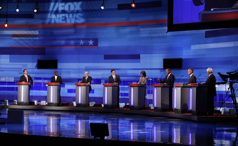 Republican presidential candidates are seen during the Iowa GOP/Fox News Debate at the CY Stephens Auditorium in Ames, Iowa, Thursday, Aug. 11, 2011. CREDIT: AP PHOTO/CHARLIE NEIBERGALL