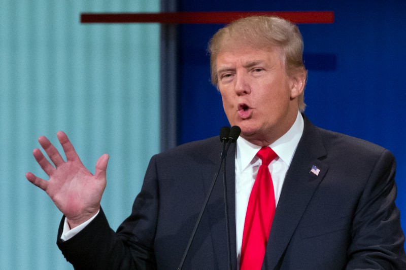 In this Thursday, Aug. 6, 2015 photo, republican presidential candidate Donald Trump participates in the first Republican presidential debate at the Quicken Loans Arena, in Cleveland. CREDIT: AP PHOTO/JOHN MINCHILLO