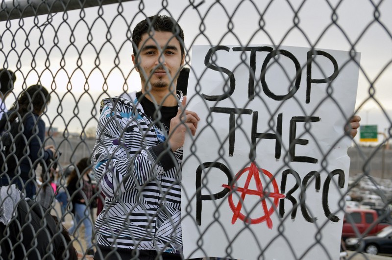 Muslim Alkurdi, 18, of Albuquerque High School, joined classmates in Albuquerque, N.M, as part of a walkout to protest a new standardized test. CREDIT: RUSSELL CONTRERAS, AP