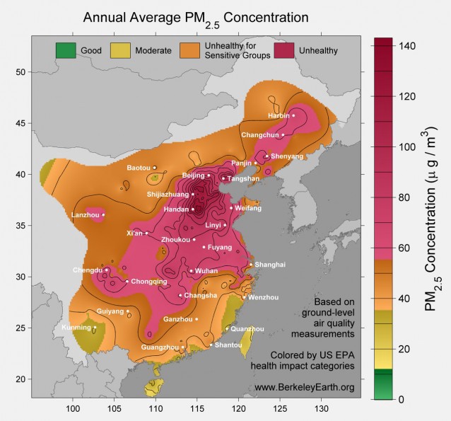 A heat map shows concentrations of air pollutants in China.