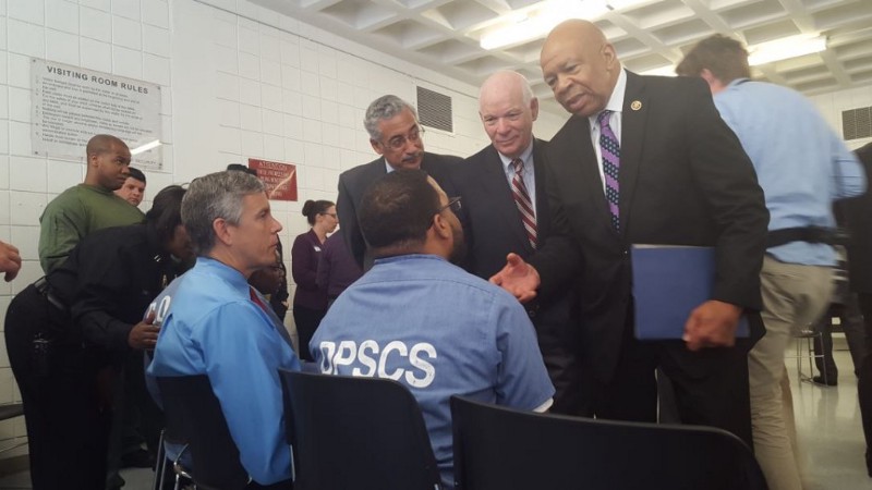 Terrell Johnson, an incarcerated student at the Goucher Prison Education Partnership at a state pen in Jessup, MD, speaks to Education Secretary Arne Duncan, Reps. Bobby Scott (D-VA) and Elijah Cummings (D-MD), and Sen. Ben Cardin (D-MD) CREDIT: THINKPROGRESS/ALAN PYKE