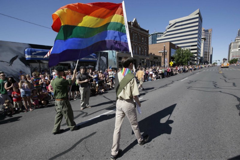 Boy Scouts marching in the Salt Lake City pride parade in 2014. CREDIT: AP PHOTO/RICK BOWMER