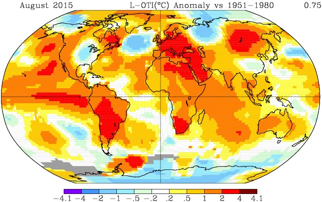 Global temperatures in August vs. 1951–1980 average. Via NASA.
